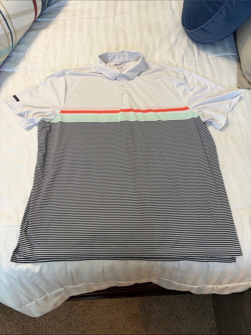 Good Good Men's Striped Performance Polo Shirt - White with Navy accent Stripe